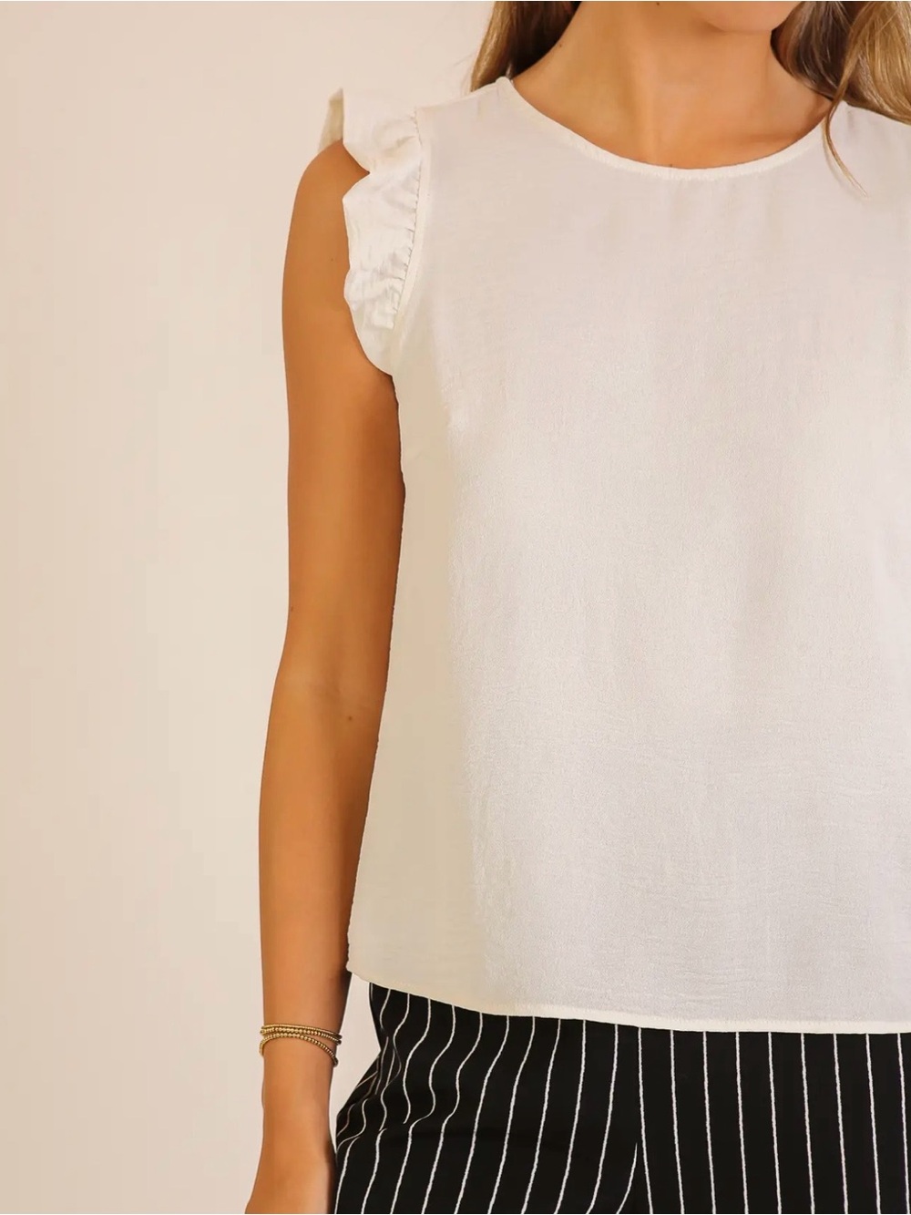Timing Cream Ruffle Cap-Sleeve Shell Top - Picture 2 of 5